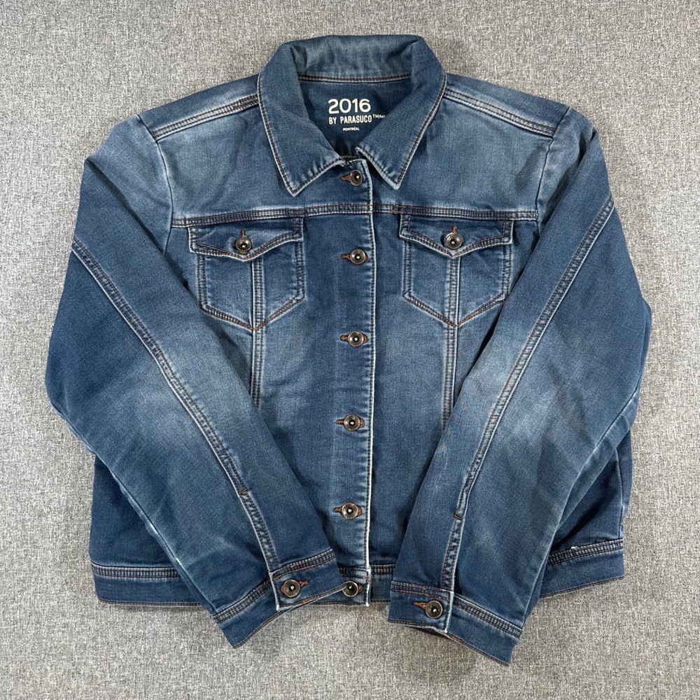2016 by Parasuco Montreal Denim Trucker Jacket Blue Stretch Jean Womens XL